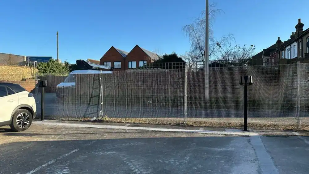 EV charging posts along the edge of a car park in Southend-on-Sea