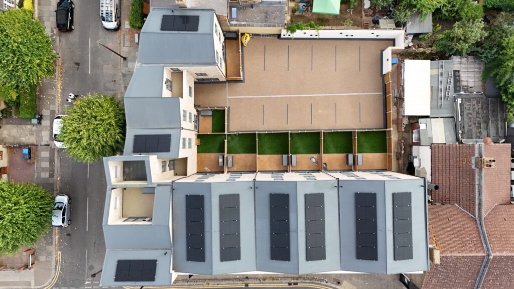 Overhead view of solar arrays on the Main Avenue development in Enfield